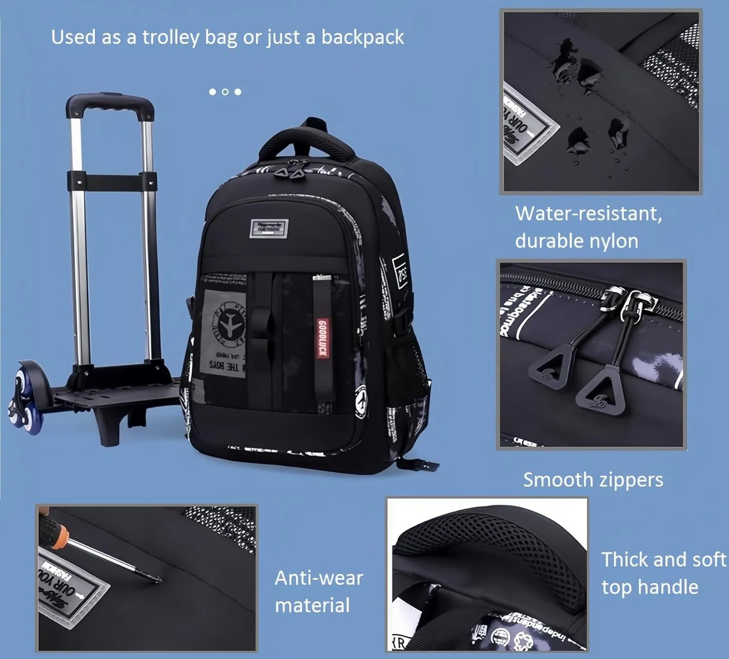 Boys Rolling Backpack Wheeled Backpack Kids School Bag with 6 Wheels Trolley Bookbag Black White