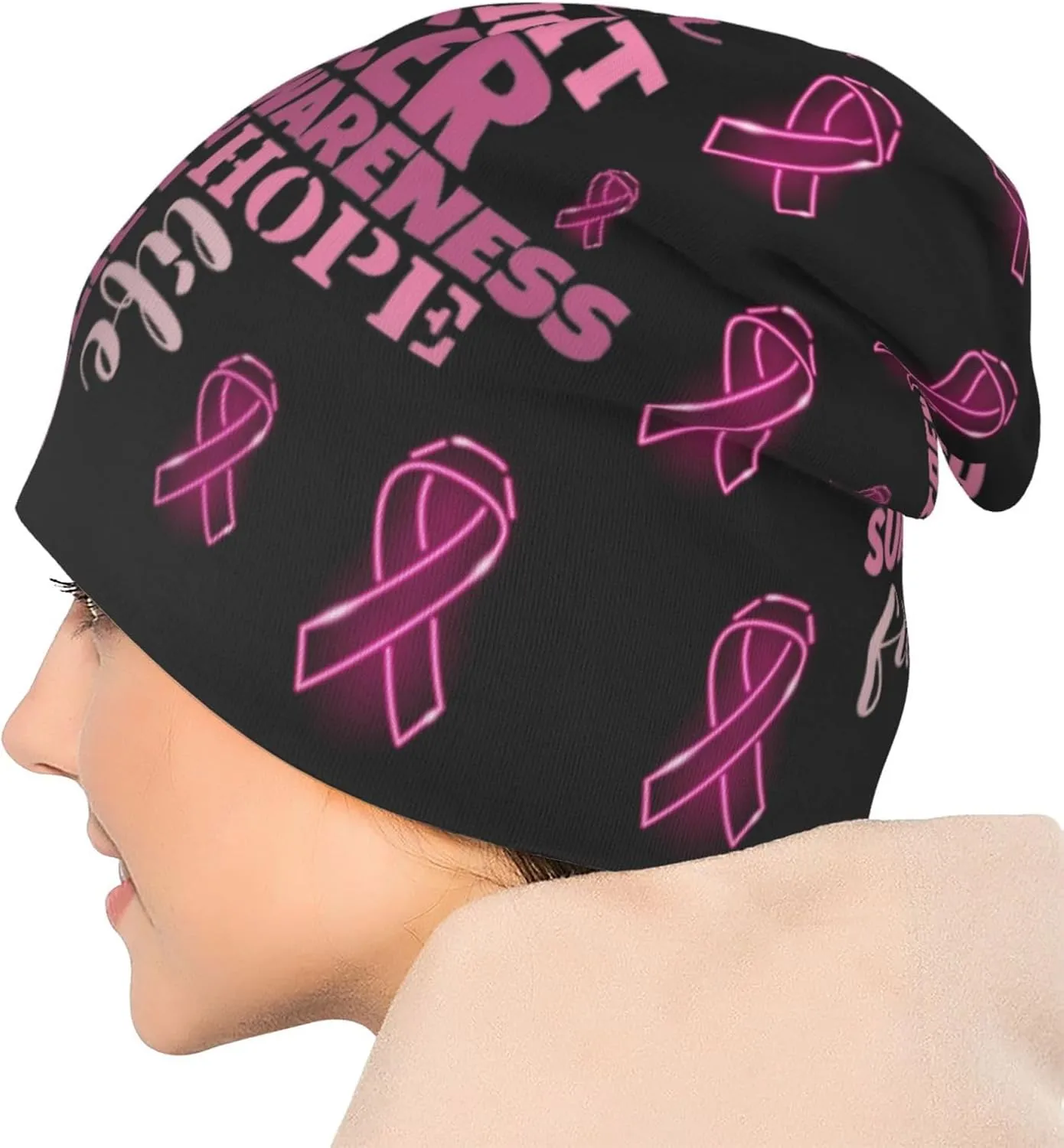 Breast Cancer Awareness Multifunction Beanie Hat for Men Women Fashion Scarf Soft Stretch Skull Cap
