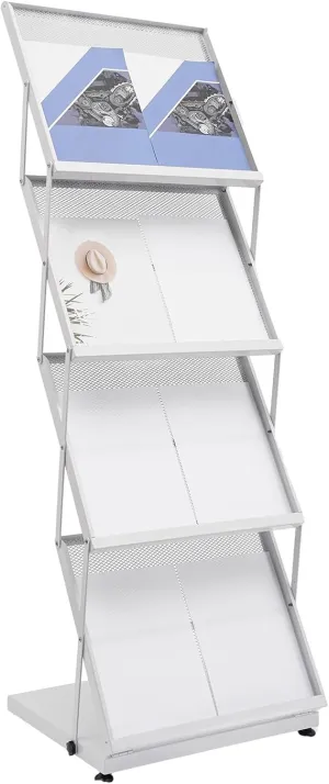 Brochure Display Rack Foldable Magazine News Paper Rack Metal Catalog Literature Rack Holder Stand Portable with Carrying Bag 4 Pockets for Exhibition Trade Show Retail Office Classroom