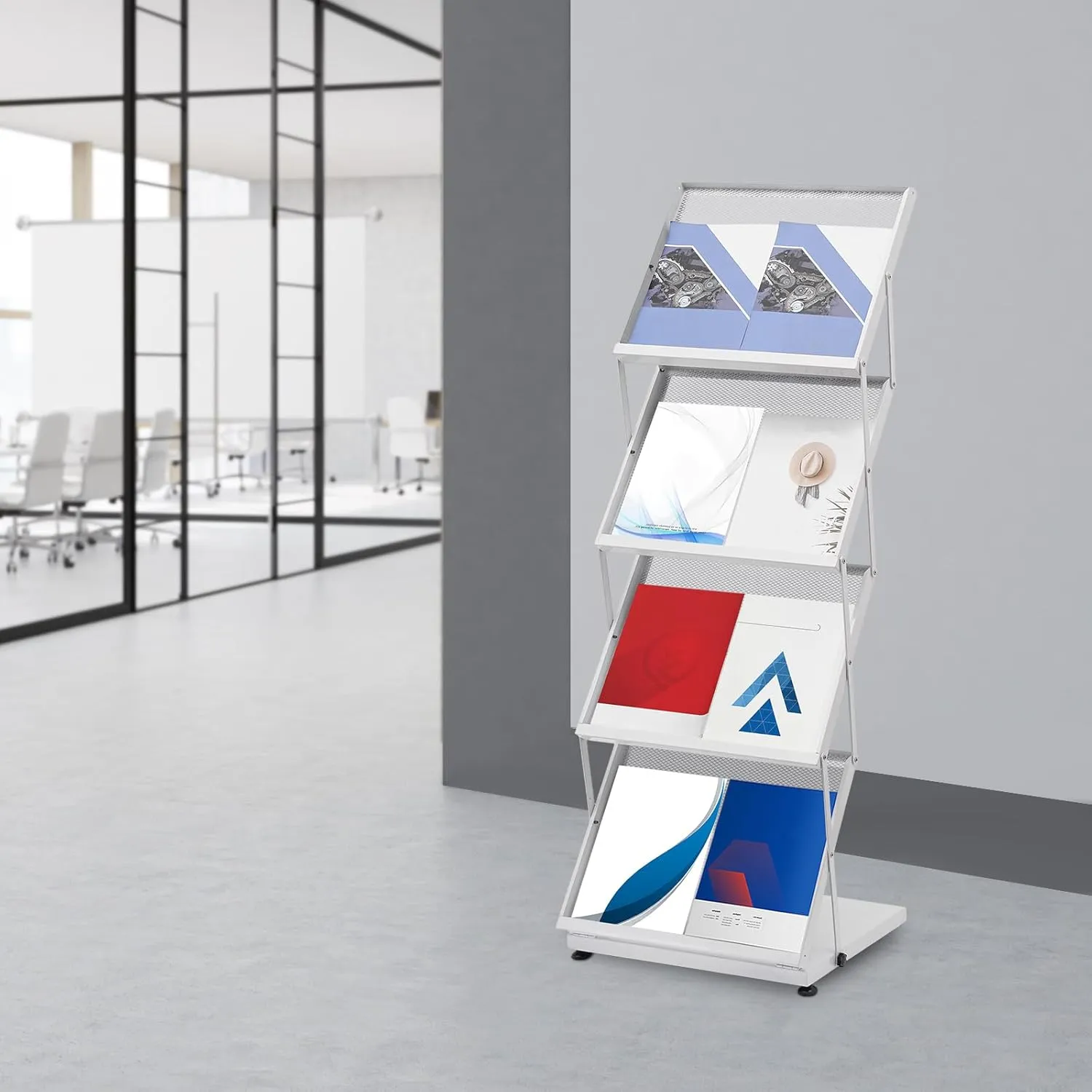 Brochure Display Rack Foldable Magazine News Paper Rack Metal Catalog Literature Rack Holder Stand Portable with Carrying Bag 4 Pockets for Exhibition Trade Show Retail Office Classroom