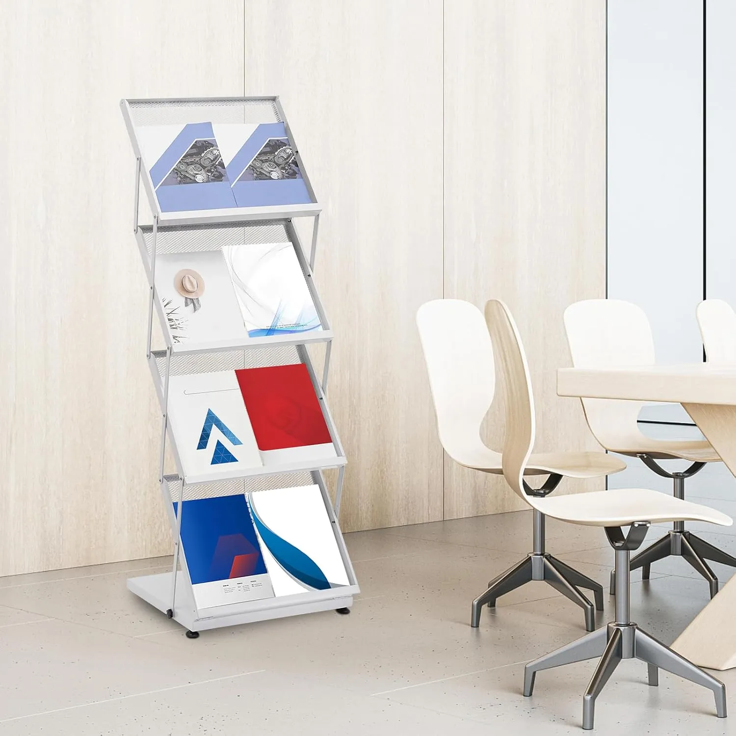 Brochure Display Rack Foldable Magazine News Paper Rack Metal Catalog Literature Rack Holder Stand Portable with Carrying Bag 4 Pockets for Exhibition Trade Show Retail Office Classroom