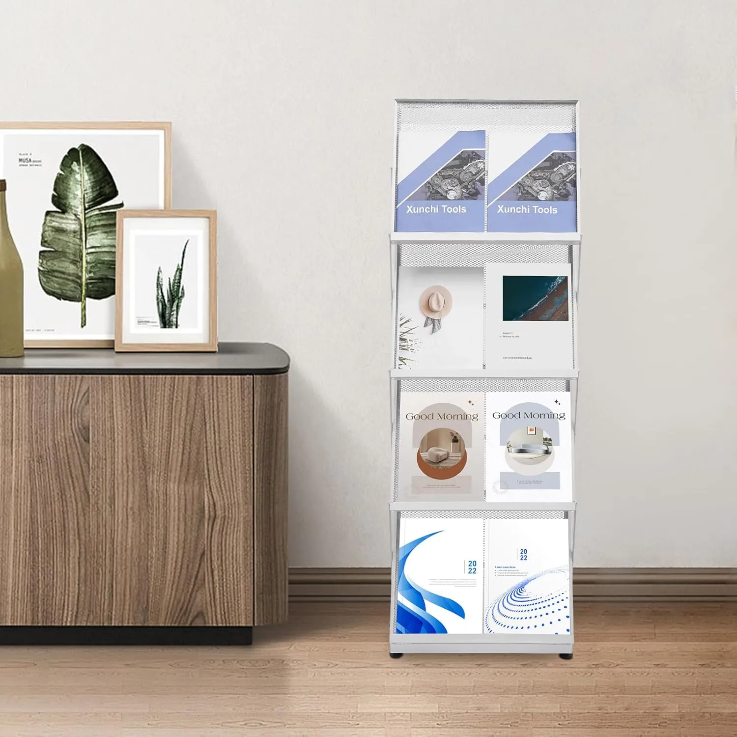 Brochure Display Rack Foldable Magazine News Paper Rack Metal Catalog Literature Rack Holder Stand Portable with Carrying Bag 4 Pockets for Exhibition Trade Show Retail Office Classroom
