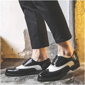 Brogue Oxfords for Men Business Dress Shoes Lace up Microfiber Leather Pointed Toe Wear-Resistant Flat Wingtip Perforated Patchwork Fashion (Color : Black, Size : 7 M US)