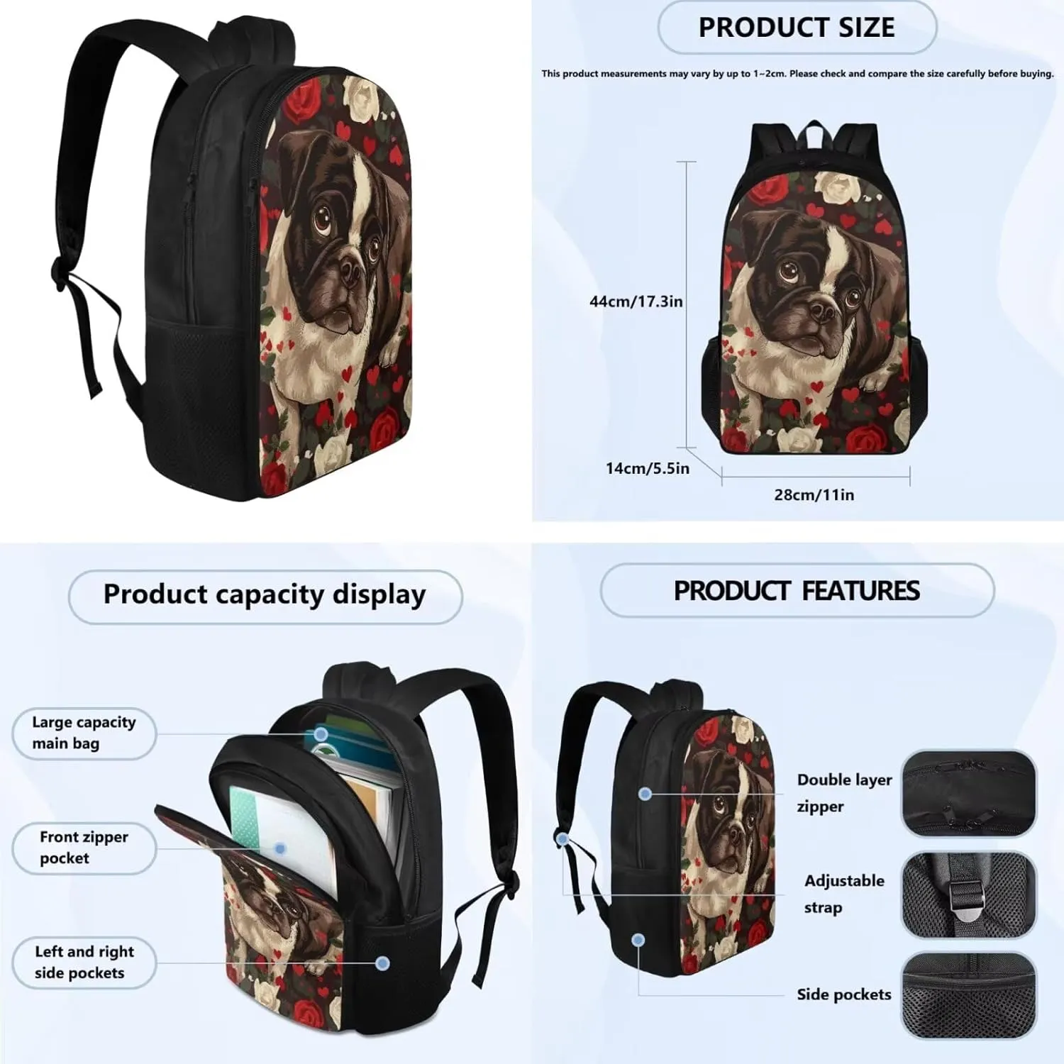 Bulldog School Backpack for Girls 8-10 Teen Boys Teen Girls Portable Lightweight Elementary Bookbag for Students Shoulder Bag with Adjustable Strap Carry More Firmly Comfortably