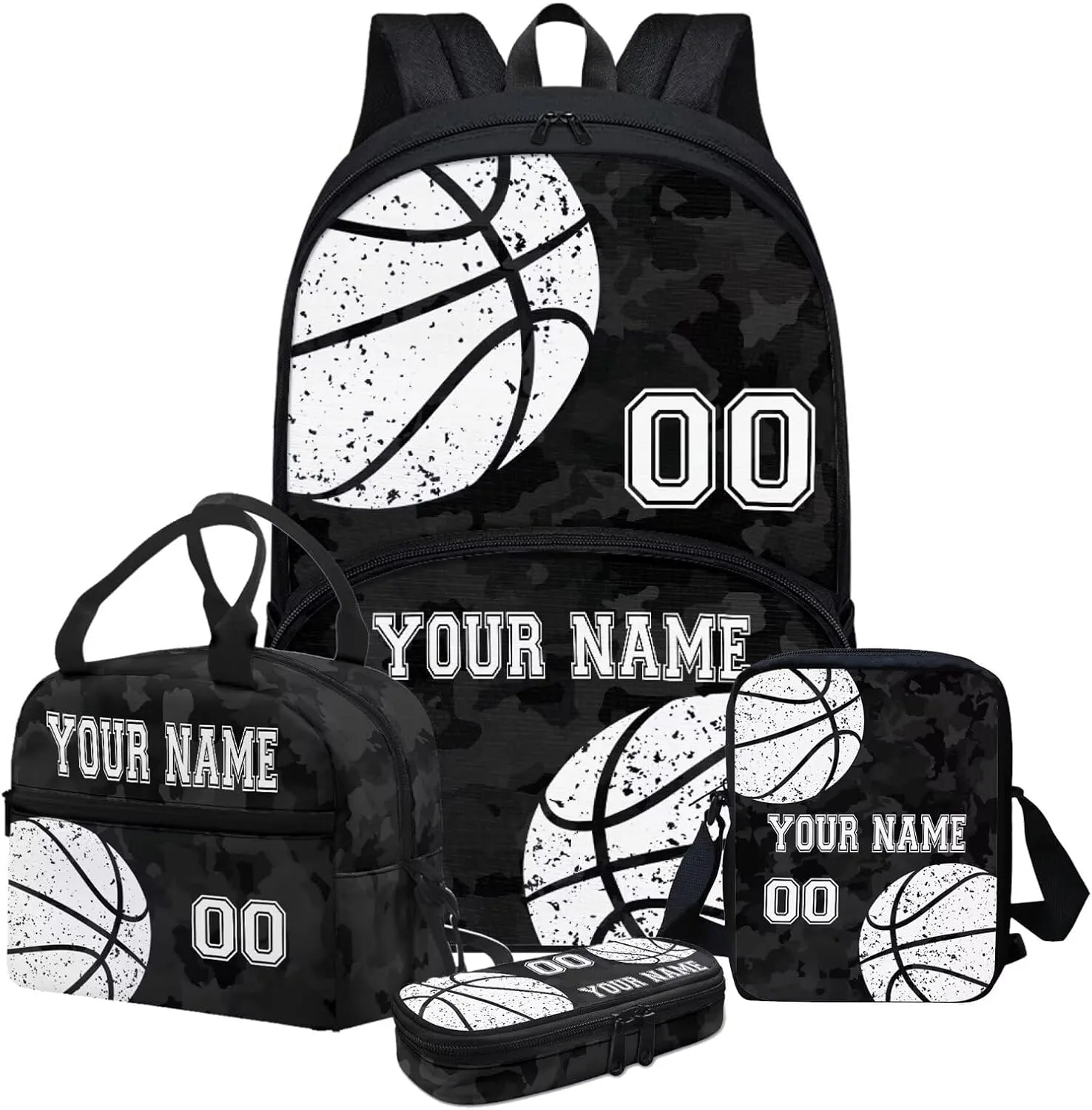 Bulopur Basketball Print Custom Travel Backpacks Set, Black Camo School Bag Shoulder Bags Hiking Daypack Insulated Lunch Bag Pen Carrying Case Pencil Holder for Kids Girls Boys