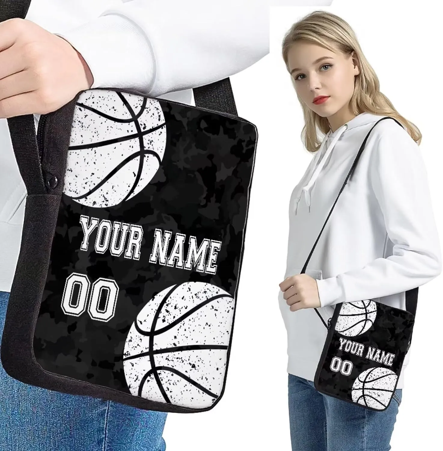 Bulopur Basketball Print Custom Travel Backpacks Set, Black Camo School Bag Shoulder Bags Hiking Daypack Insulated Lunch Bag Pen Carrying Case Pencil Holder for Kids Girls Boys