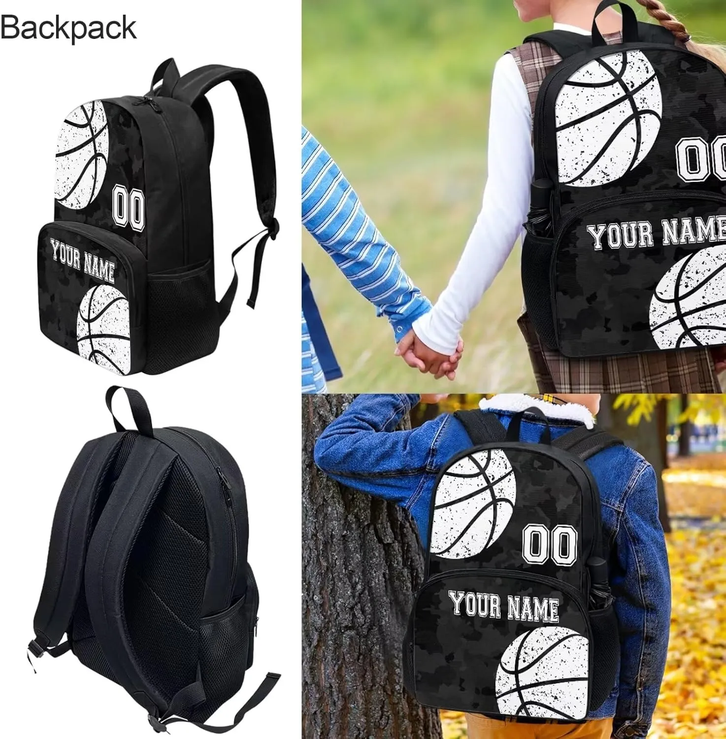 Bulopur Basketball Print Custom Travel Backpacks Set, Black Camo School Bag Shoulder Bags Hiking Daypack Insulated Lunch Bag Pen Carrying Case Pencil Holder for Kids Girls Boys