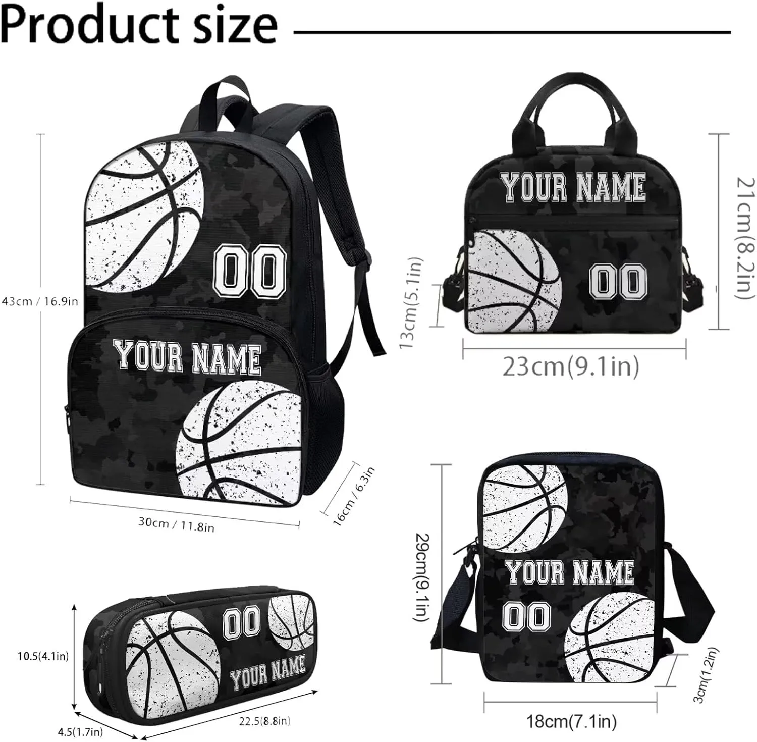 Bulopur Basketball Print Custom Travel Backpacks Set, Black Camo School Bag Shoulder Bags Hiking Daypack Insulated Lunch Bag Pen Carrying Case Pencil Holder for Kids Girls Boys
