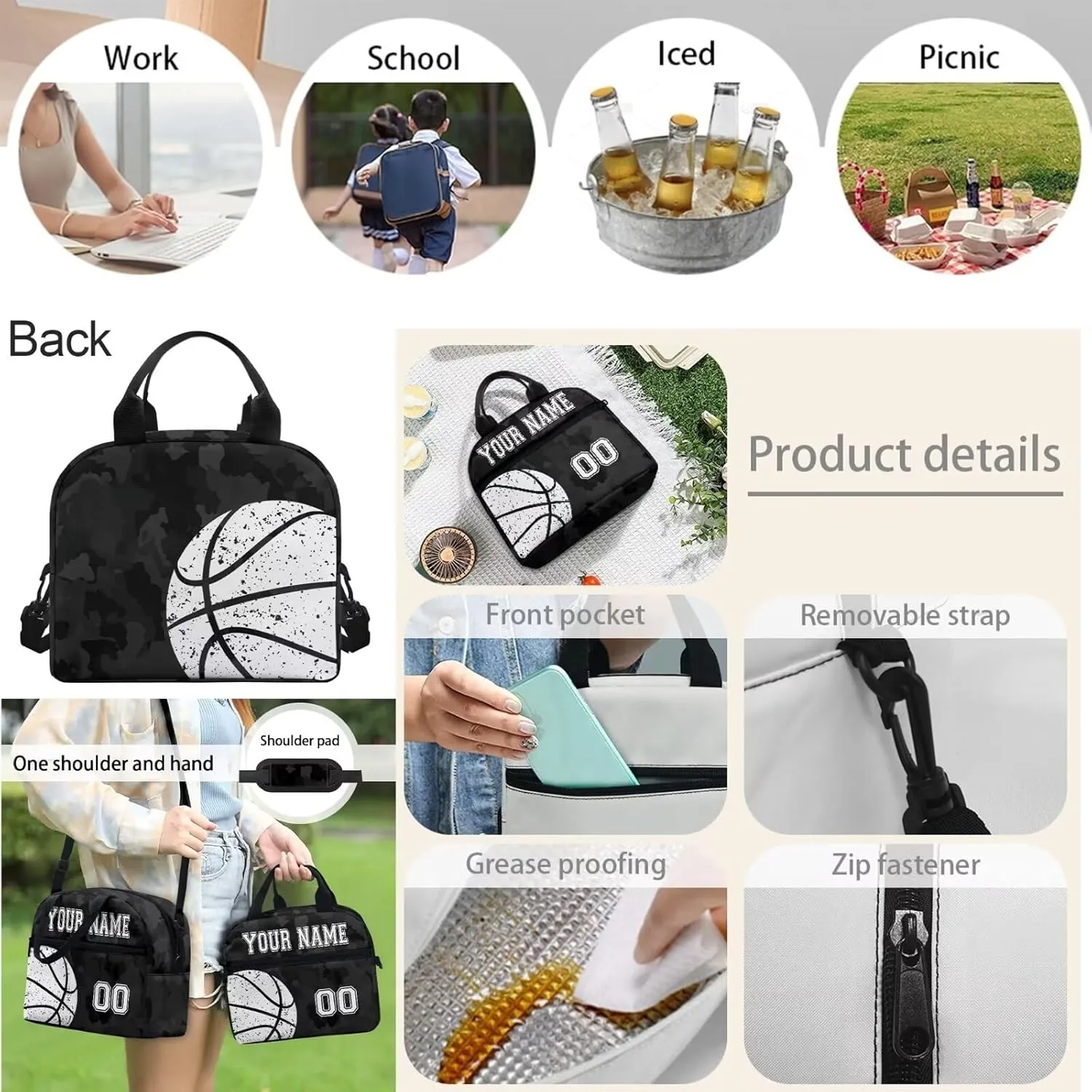 Bulopur Basketball Print Custom Travel Backpacks Set, Black Camo School Bag Shoulder Bags Hiking Daypack Insulated Lunch Bag Pen Carrying Case Pencil Holder for Kids Girls Boys