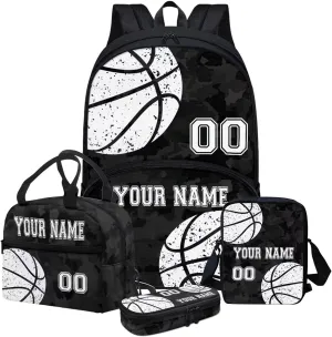 Bulopur Basketball Print Custom Travel Backpacks Set, Black Camo School Bag Shoulder Bags Hiking Daypack Insulated Lunch Bag Pen Carrying Case Pencil Holder for Kids Girls Boys