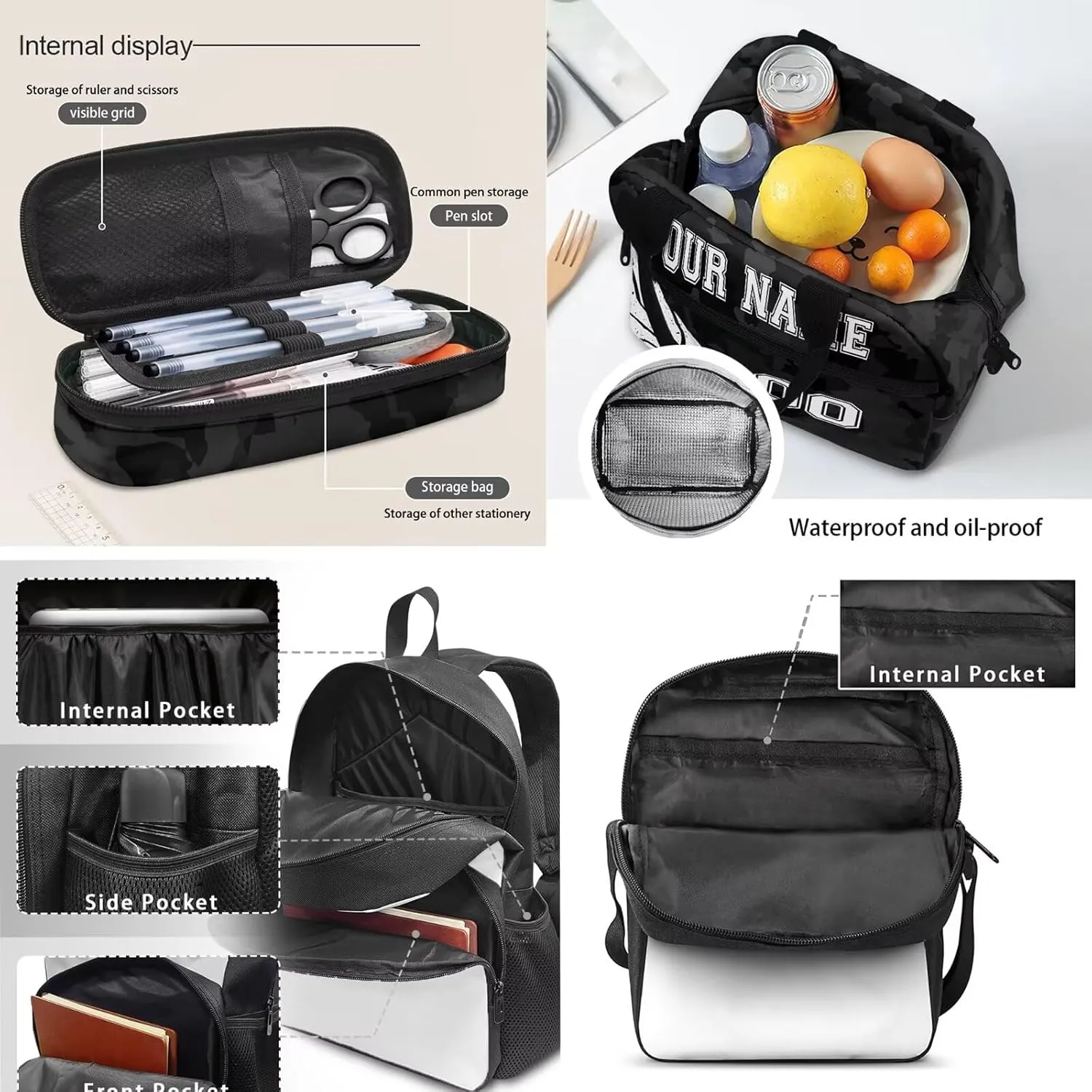 Bulopur Basketball Print Custom Travel Backpacks Set, Black Camo School Bag Shoulder Bags Hiking Daypack Insulated Lunch Bag Pen Carrying Case Pencil Holder for Kids Girls Boys