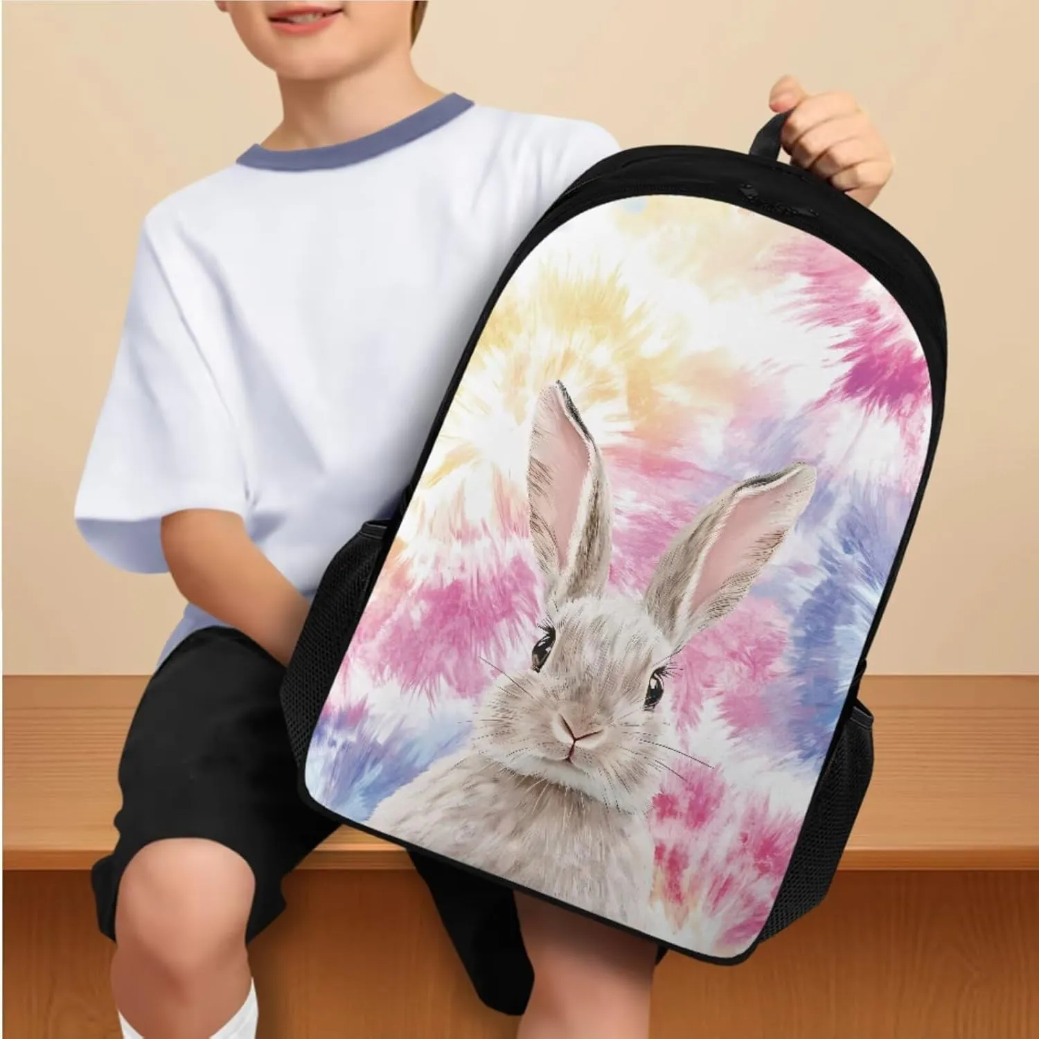 Bunny Backpack for Boys with Lunch Box and Water Bottle Sleeve Pencil Case 4 in 1 Bookbag Set Elementary Middle School Bag with Lunchbox Girls Cute Aesthetic Book Bag Combo