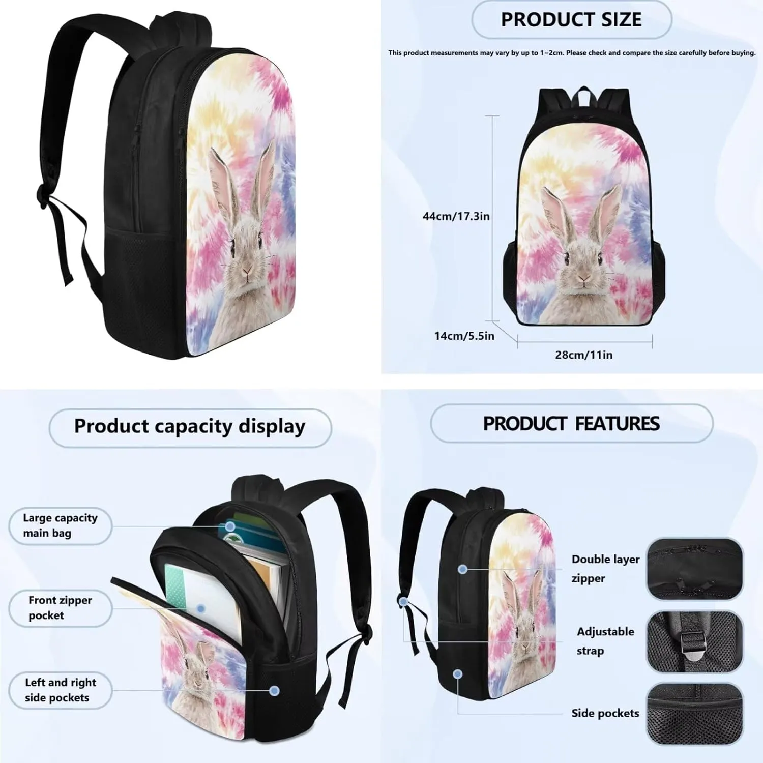 Bunny Backpack for Boys with Lunch Box and Water Bottle Sleeve Pencil Case 4 in 1 Bookbag Set Elementary Middle School Bag with Lunchbox Girls Cute Aesthetic Book Bag Combo