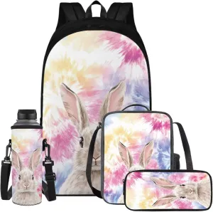 Bunny Backpack for Boys with Lunch Box and Water Bottle Sleeve Pencil Case 4 in 1 Bookbag Set Elementary Middle School Bag with Lunchbox Girls Cute Aesthetic Book Bag Combo