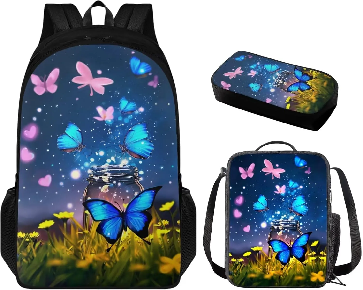 Butterfly Backpack for Girls Kids Backpack with Lunch Box and Aesthetic Pencil Case 17" Large Bookbag for Middle School Girls Sturdy School Bag with Compartments Kids Back to School Supplies