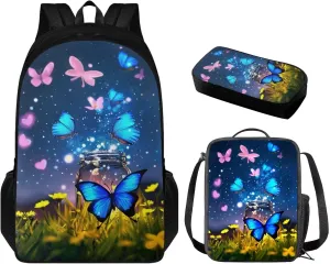 Butterfly Backpack for Girls Kids Backpack with Lunch Box and Aesthetic Pencil Case 17" Large Bookbag for Middle School Girls Sturdy School Bag with Compartments Kids Back to School Supplies
