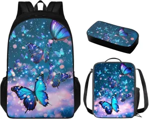 Butterfly Backpack for Girls Kids Backpack with Lunch Box and Aesthetic Pencil Case 3PCS 17" Large Bookbag for Middle School Girls Sturdy School Bag with Compartments Casual Daypack Backpacks