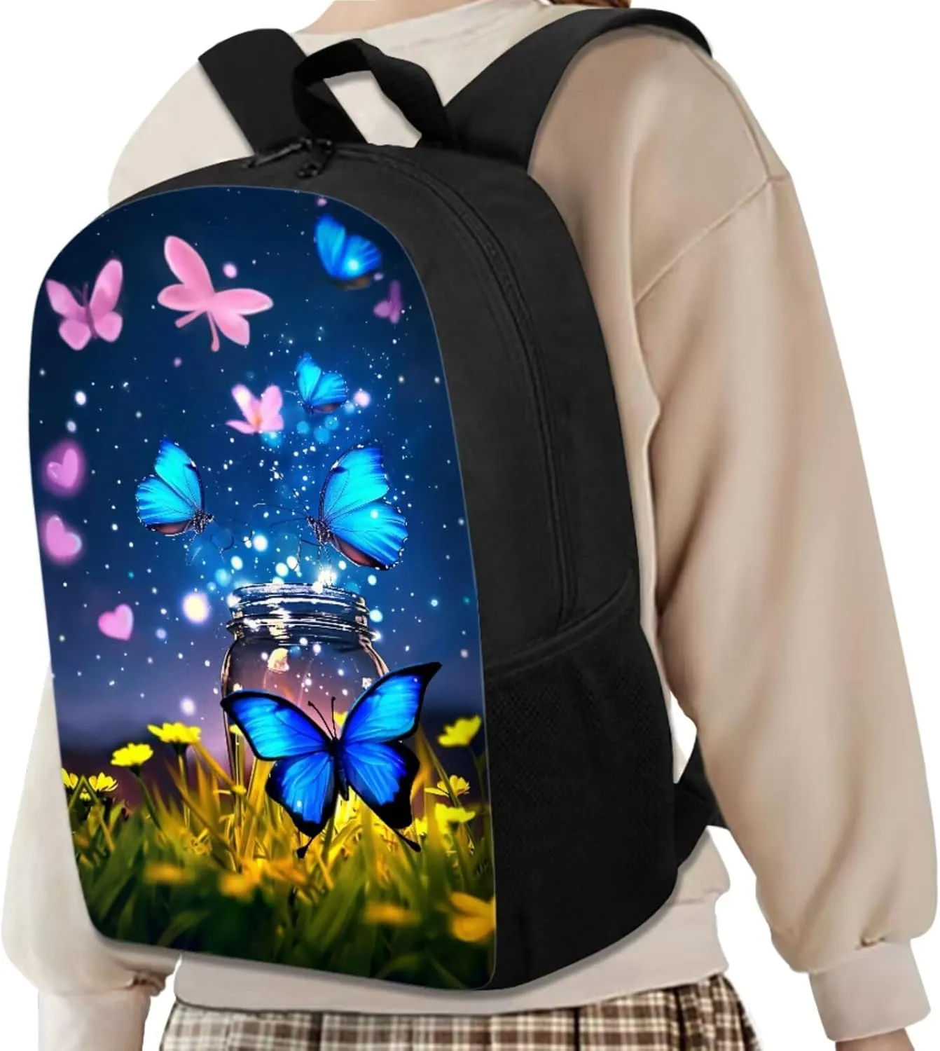 Butterfly Backpack for Girls Kids Backpack with Lunch Box and Aesthetic Pencil Case 3PCS Cute Bookbag Set for School Teens 17 inch School Bag with Side Pocket Casual Daypack Backpacks