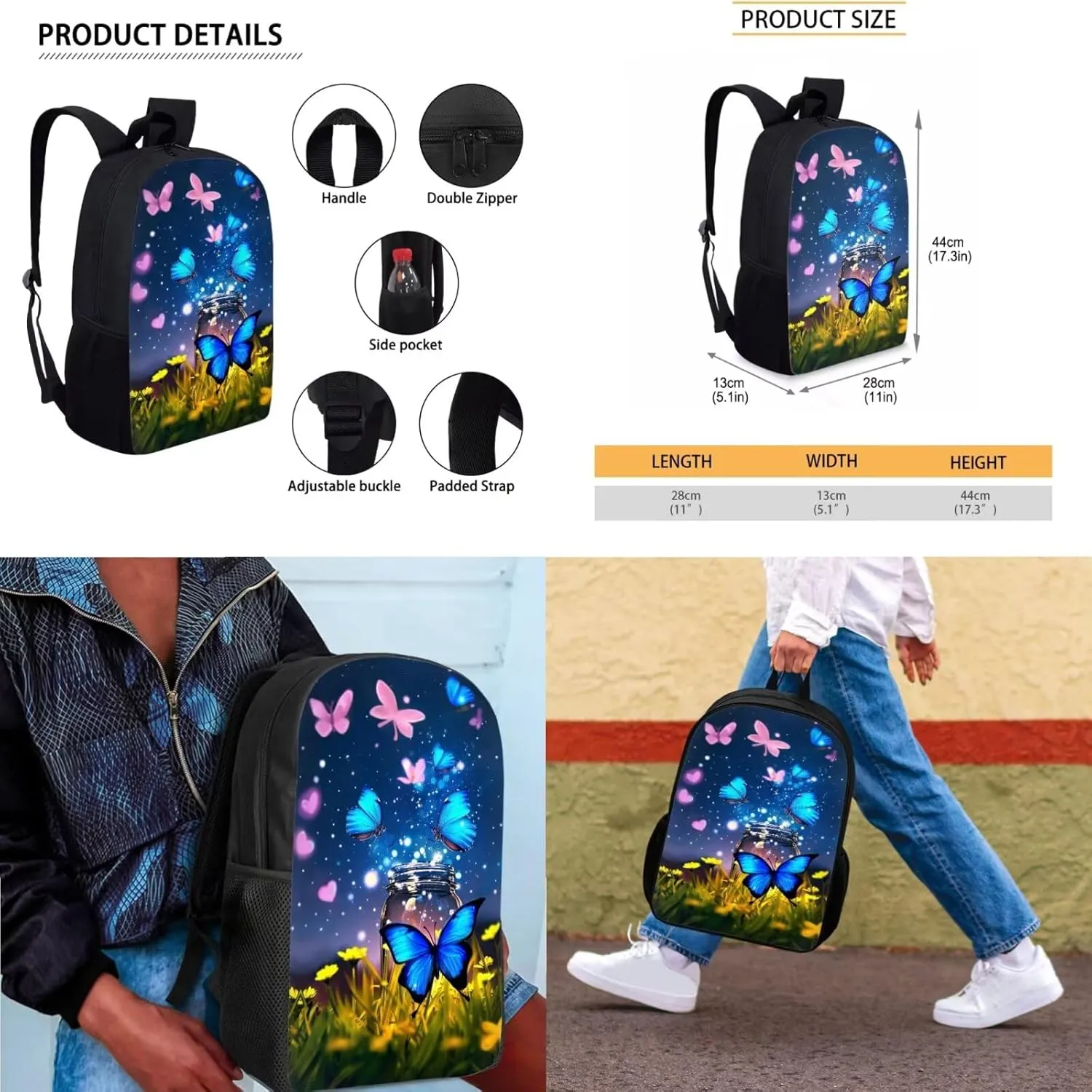 Butterfly Backpack for Girls Kids Backpack with Lunch Box and Aesthetic Pencil Case 3PCS Cute Bookbag Set for School Teens 17 inch School Bag with Side Pocket Casual Daypack Backpacks