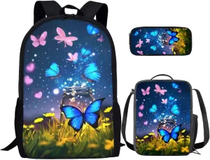 Butterfly Backpack for Girls Kids Backpack with Lunch Box and Aesthetic Pencil Case 3PCS Cute Bookbag Set for School Teens 17 inch School Bag with Side Pocket Casual Daypack Backpacks