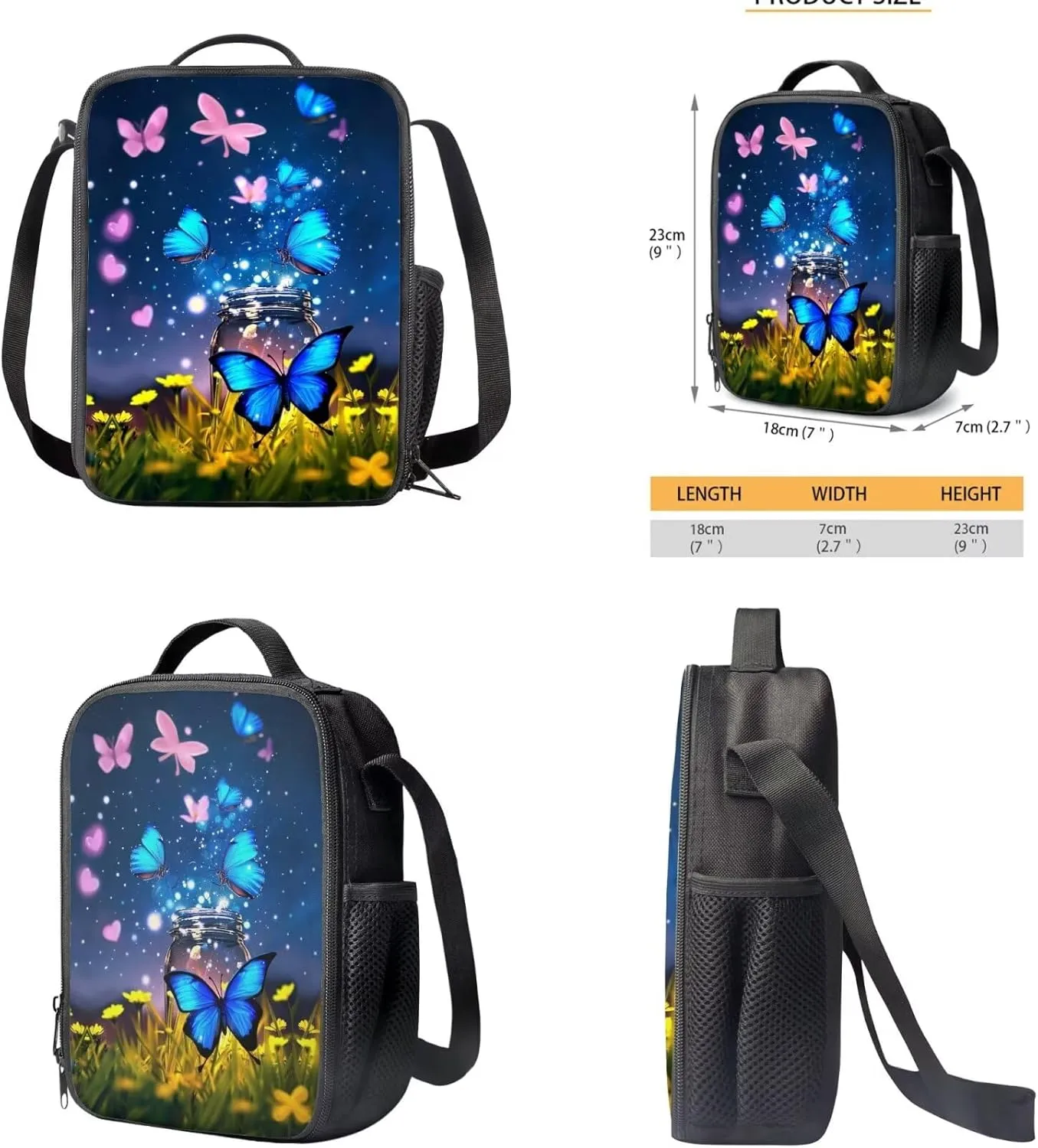 Butterfly Backpack for Girls Kids Backpack with Lunch Box and Aesthetic Pencil Case 3PCS Cute Bookbag Set for School Teens 17 inch School Bag with Side Pocket Casual Daypack Backpacks