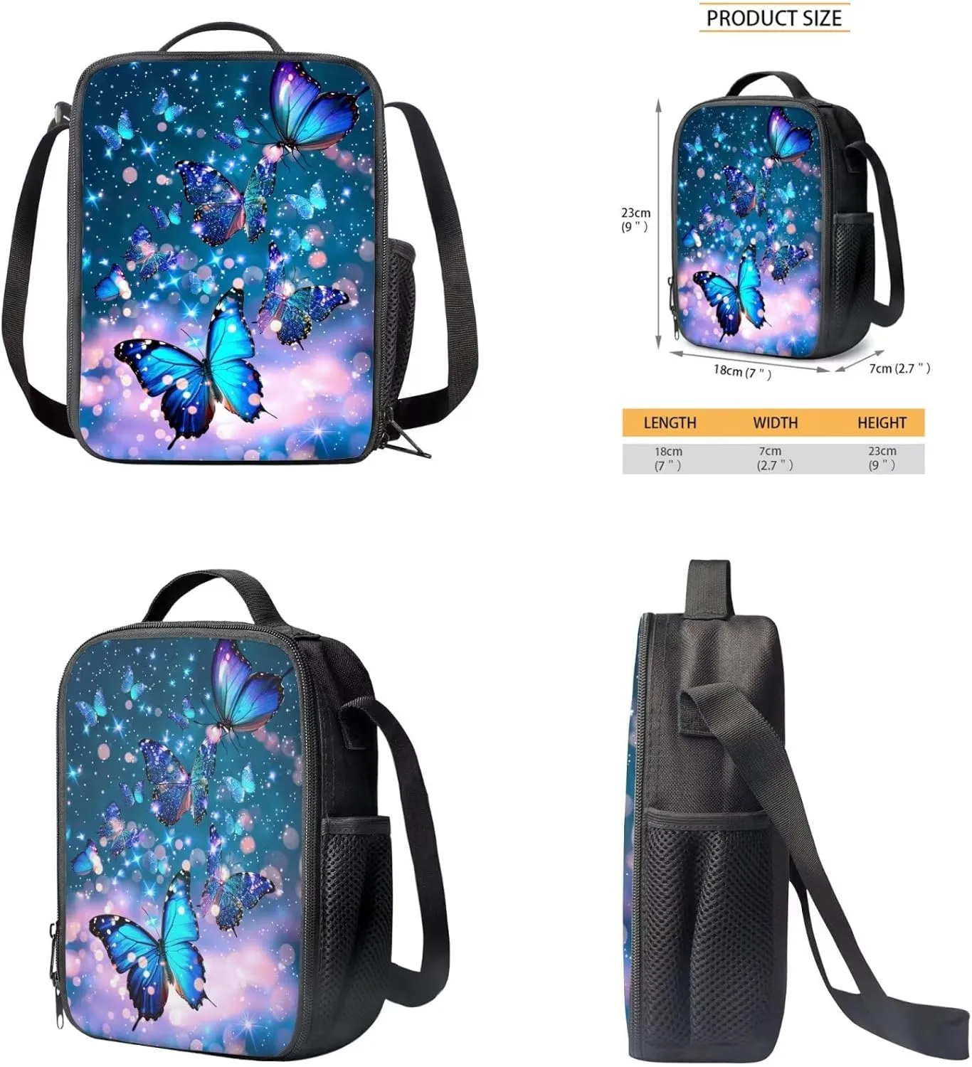 Butterfly Backpack for Girls Kids Backpack with Lunch Box and Aesthetic Pencil Case 3PCS Set Cute Bookbag with Compartments for School Teens 17 inch Large Capacity School Bag with Side Pocket