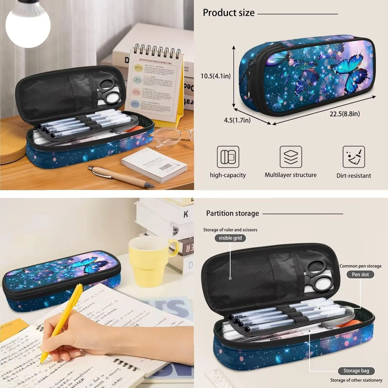 Butterfly Backpack for Girls Kids Backpack with Lunch Box and Aesthetic Pencil Case 3PCS Set Cute Bookbag with Compartments for School Teens 17 inch Large Capacity School Bag with Side Pocket