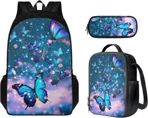 Butterfly Backpack for Girls Kids Backpack with Lunch Box and Aesthetic Pencil Case 3PCS Set Cute Bookbag with Compartments for School Teens 17 inch Large Capacity School Bag with Side Pocket