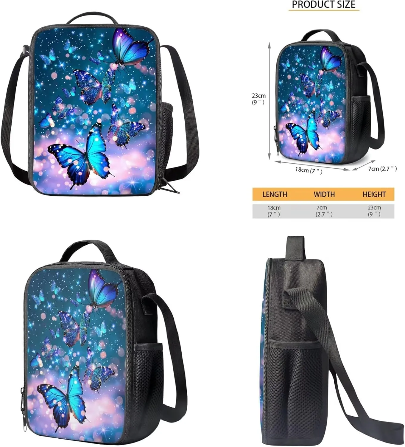 Butterfly Backpack for Girls Kids Backpack with Lunch Box Water Bottle Carrier with Strap and Aesthetic Pencil Case 4PCS Set Bookbag with Compartments for School Teens 17 inch Large School Bag