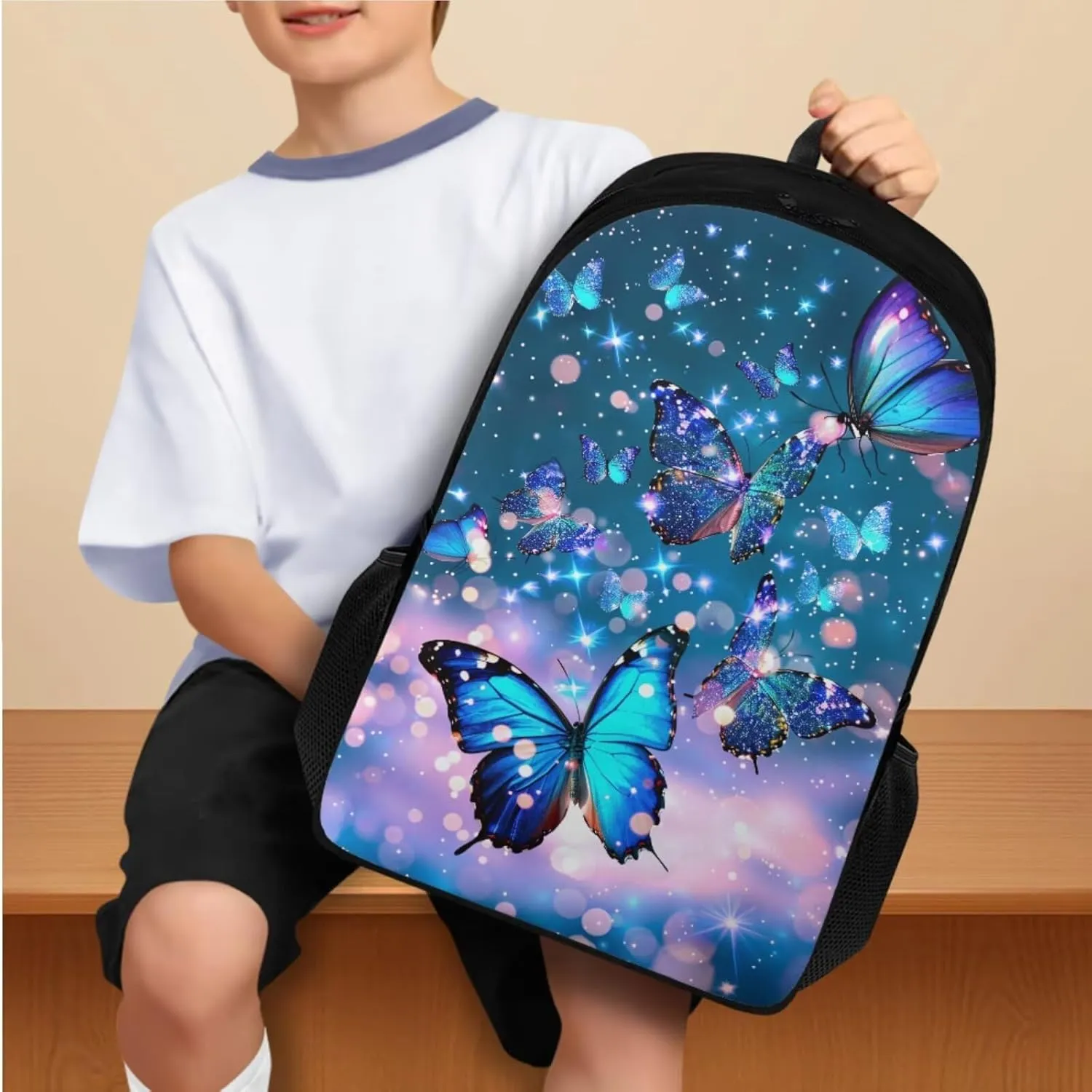 Butterfly Backpack for Girls Kids Backpack with Lunch Box Water Bottle Carrier with Strap and Aesthetic Pencil Case 4PCS Set Bookbag with Compartments for School Teens 17 inch Large School Bag