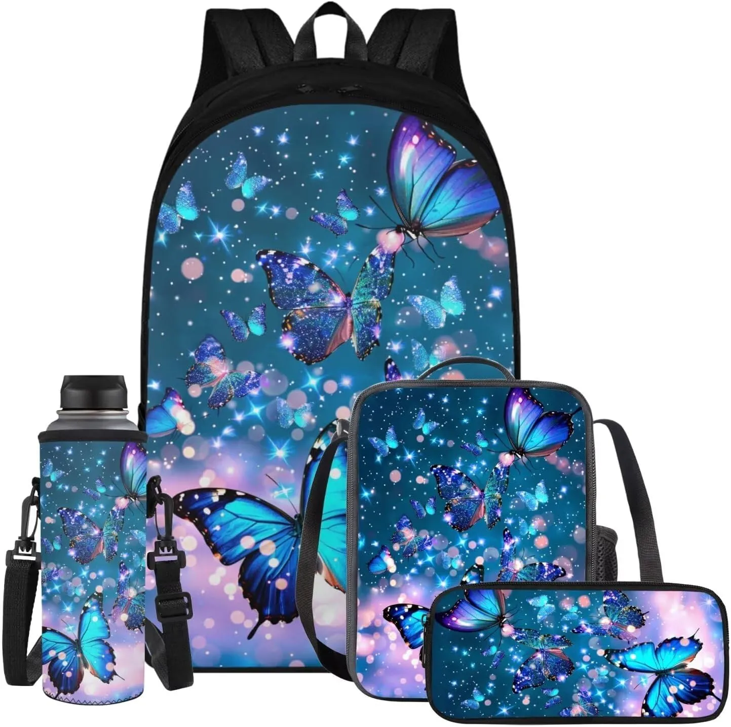 Butterfly Backpack for Girls Kids Backpack with Lunch Box Water Bottle Carrier with Strap and Aesthetic Pencil Case 4PCS Set Bookbag with Compartments for School Teens 17 inch Large School Bag