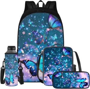 Butterfly Backpack for Girls Kids Backpack with Lunch Box Water Bottle Carrier with Strap and Aesthetic Pencil Case 4PCS Set Bookbag with Compartments for School Teens 17 inch Large School Bag