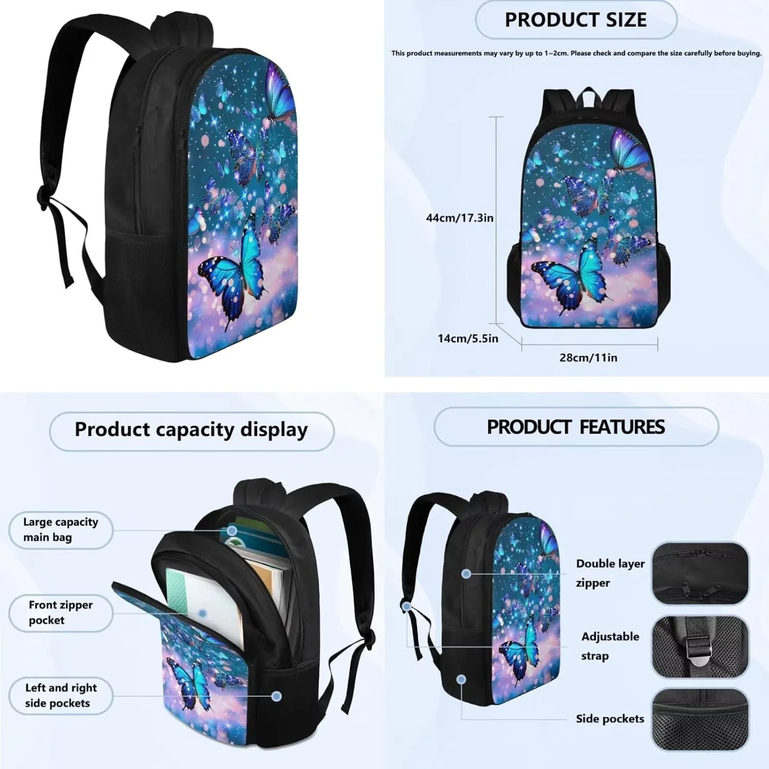 Butterfly Backpack for Girls Kids Backpack with Lunch Box Water Bottle Carrier with Strap and Aesthetic Pencil Case 4PCS Set Bookbag with Compartments for School Teens 17 inch Large School Bag