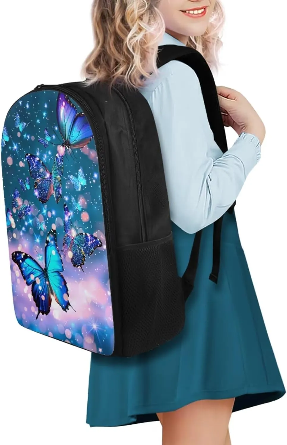 Butterfly Backpack for Girls Kids Backpack with Lunch Box Water Bottle Carrier with Strap and Aesthetic Pencil Case 4PCS Set Bookbag with Compartments for School Teens 17 inch Large School Bag