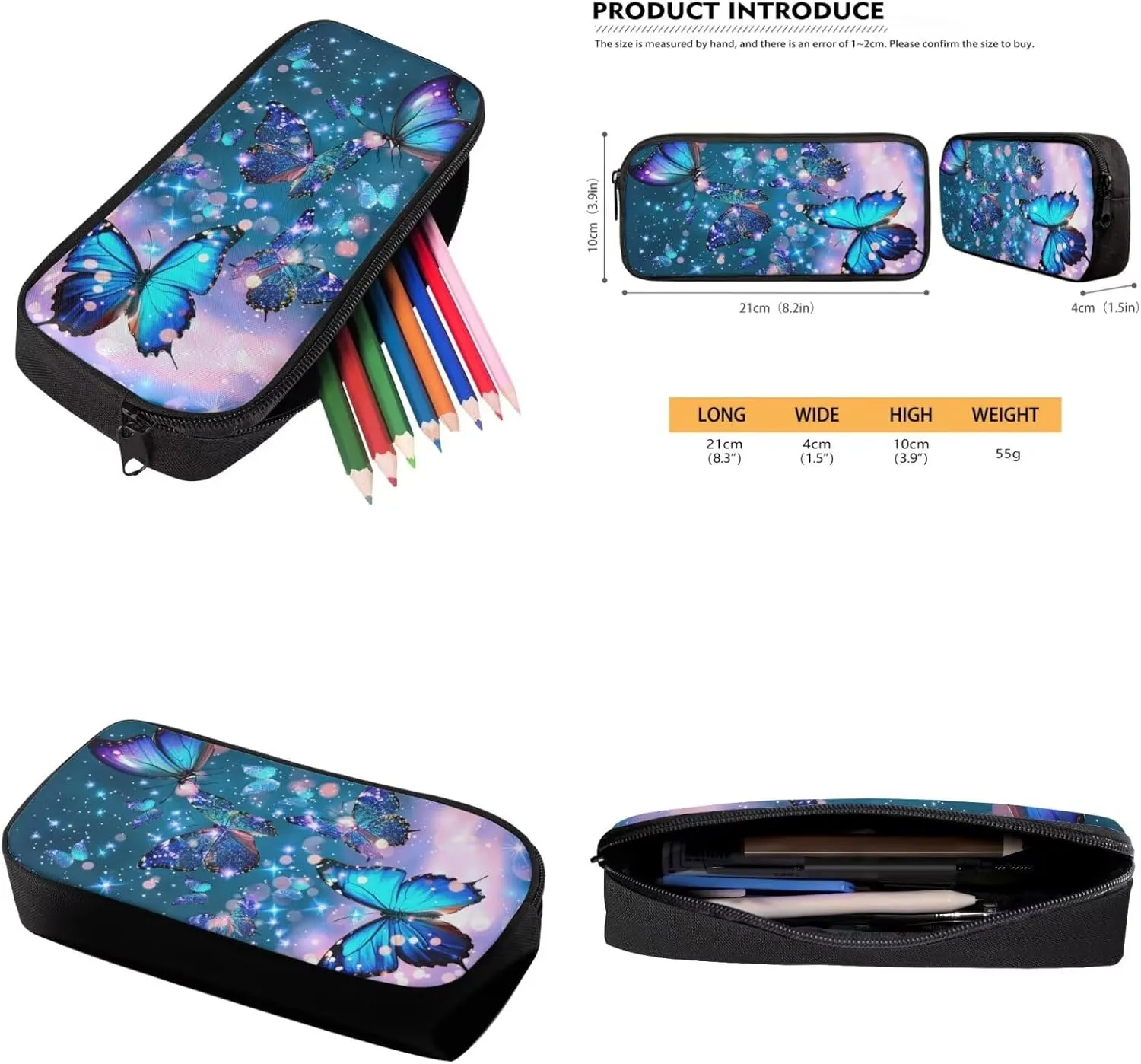 Butterfly Backpack for Girls Kids Backpack with Lunch Box Water Bottle Carrier with Strap and Aesthetic Pencil Case 4PCS Set Bookbag with Compartments for School Teens 17 inch Large School Bag