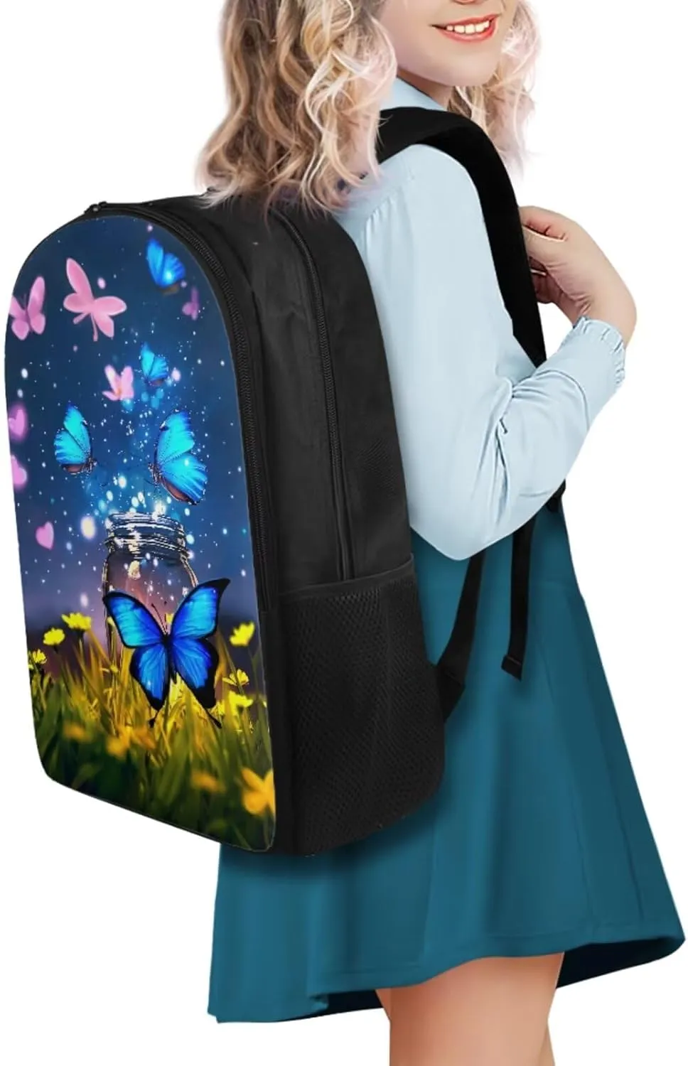 Butterfly Backpack for Girls Kids Backpack with Lunch Box Water Bottle Holder with Strap and Aesthetic Pencil Case 4PCS Set Cute Bookbag with Compartments for School Teens 17 inch School Bag