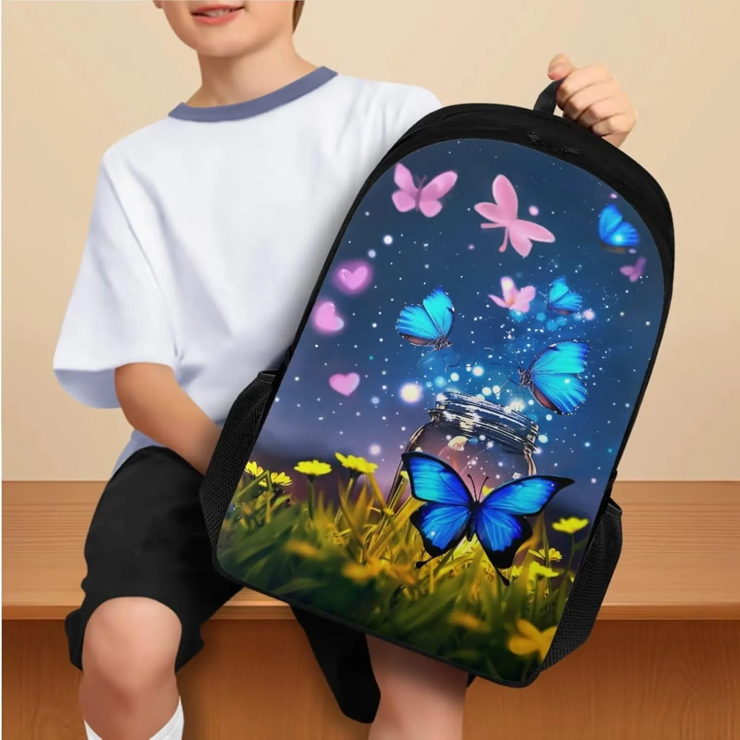 Butterfly Backpack for Girls Kids Backpack with Lunch Box Water Bottle Holder with Strap and Aesthetic Pencil Case 4PCS Set Cute Bookbag with Compartments for School Teens 17 inch School Bag