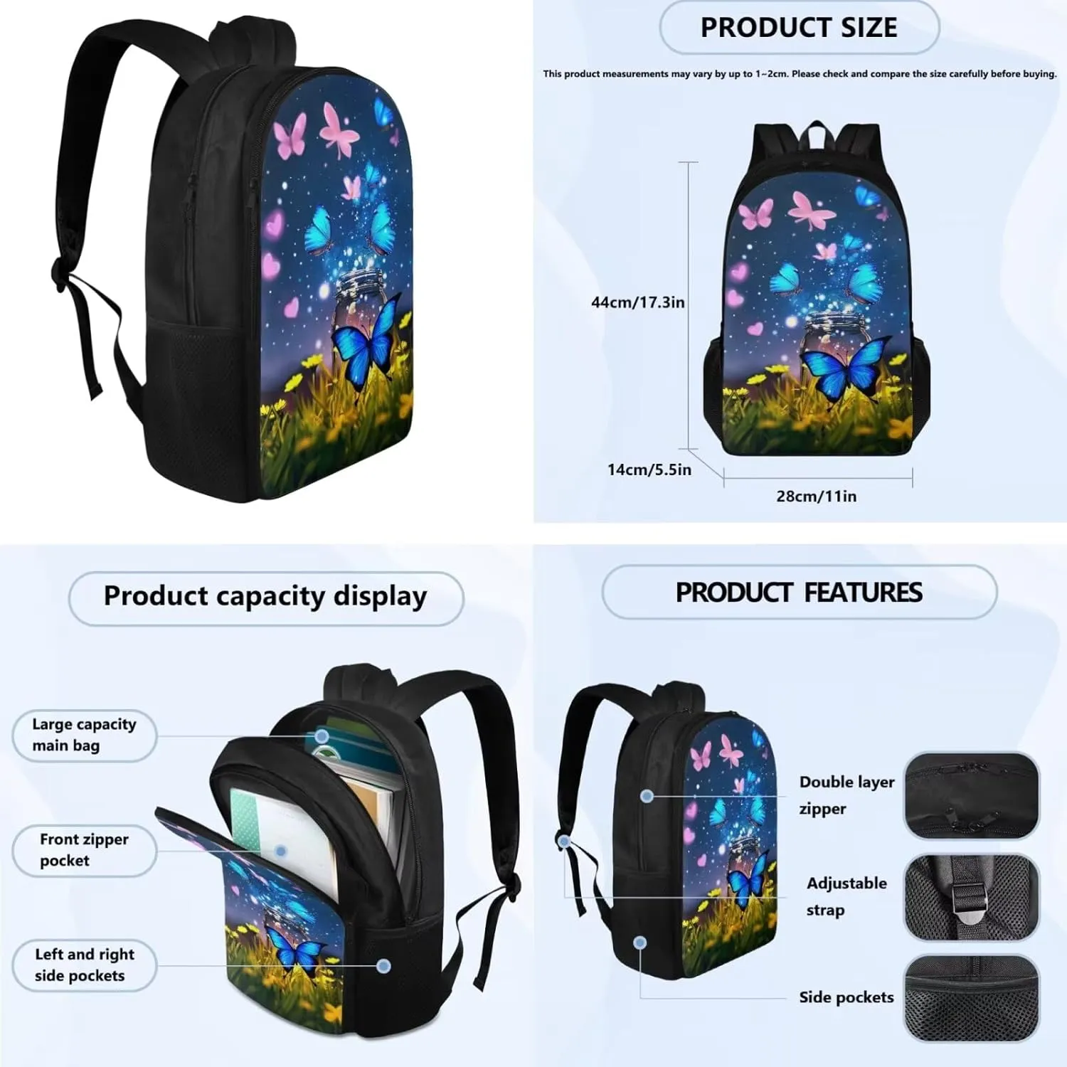 Butterfly Backpack for Girls Kids Backpack with Lunch Box Water Bottle Holder with Strap and Aesthetic Pencil Case 4PCS Set Cute Bookbag with Compartments for School Teens 17 inch School Bag