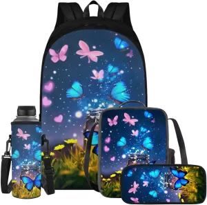 Butterfly Backpack for Girls Kids Backpack with Lunch Box Water Bottle Holder with Strap and Aesthetic Pencil Case 4PCS Set Cute Bookbag with Compartments for School Teens 17 inch School Bag