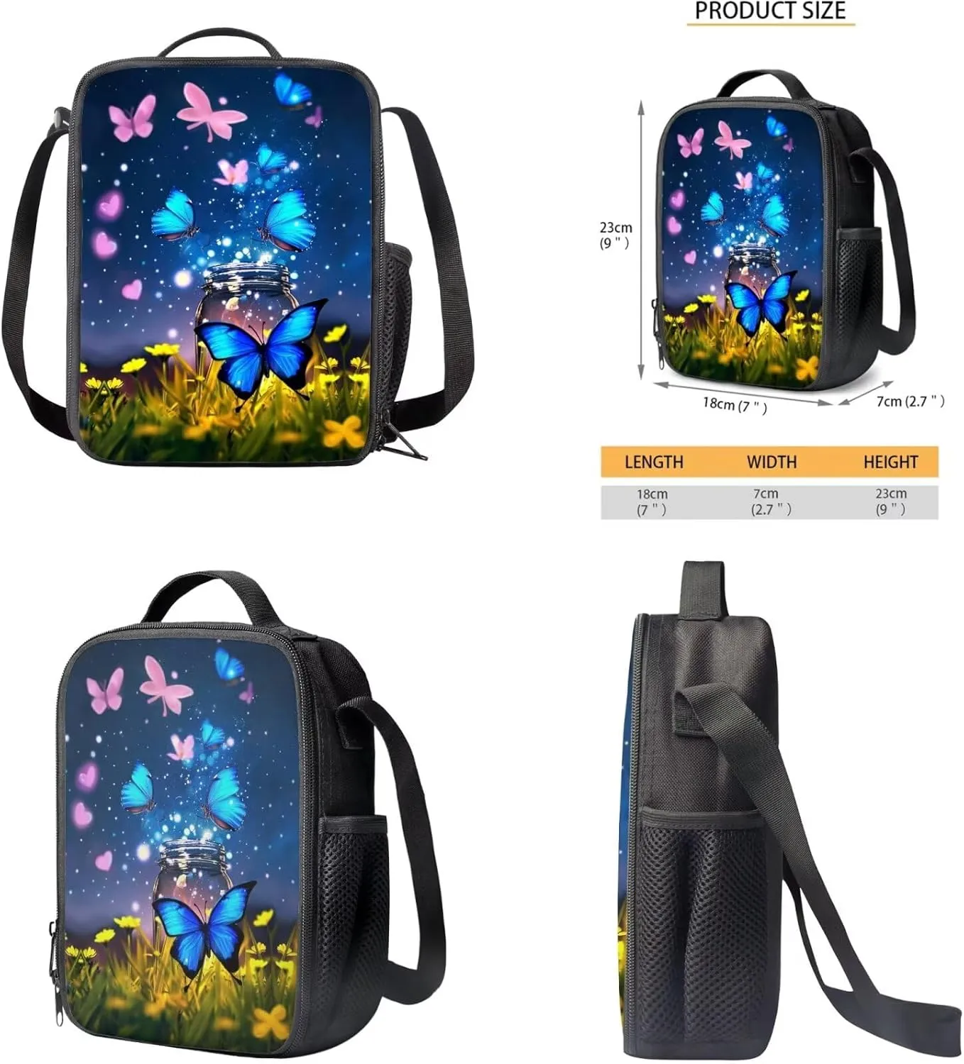 Butterfly Backpack for Girls Kids Backpack with Lunch Box Water Bottle Holder with Strap and Aesthetic Pencil Case 4PCS Set Cute Bookbag with Compartments for School Teens 17 inch School Bag