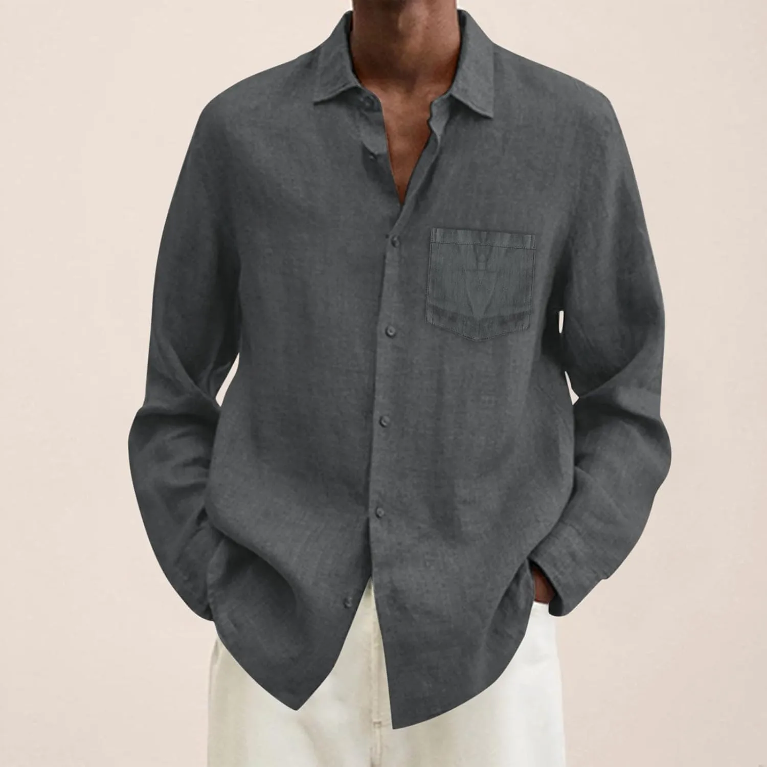 Button Down Linen Shirts for Men Casual Long Sleeve Button Down Regular Fit Beach Shirt Dress Lapel Collar Beach Tops