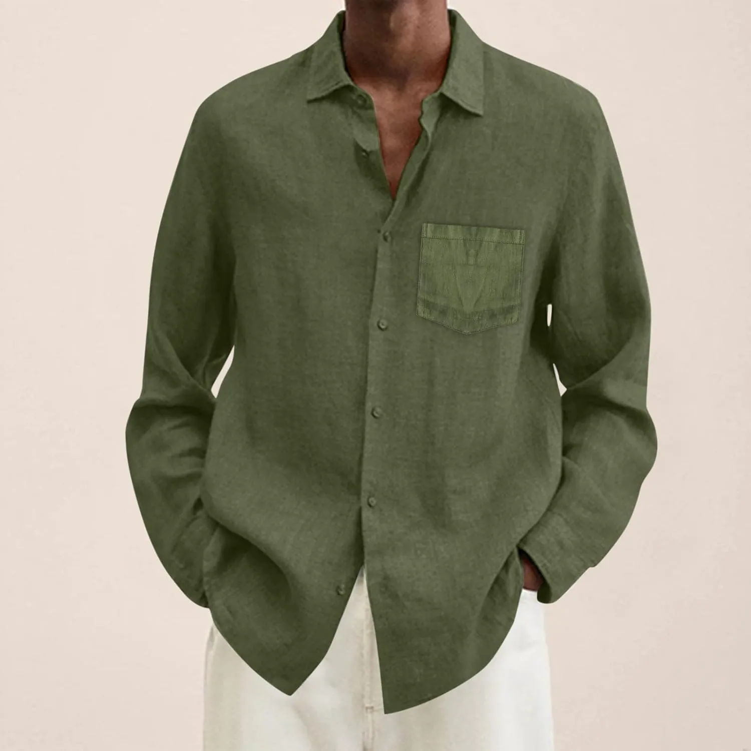 Button Down Linen Shirts for Men Casual Long Sleeve Button Down Regular Fit Beach Shirt Dress Lapel Collar Beach Tops