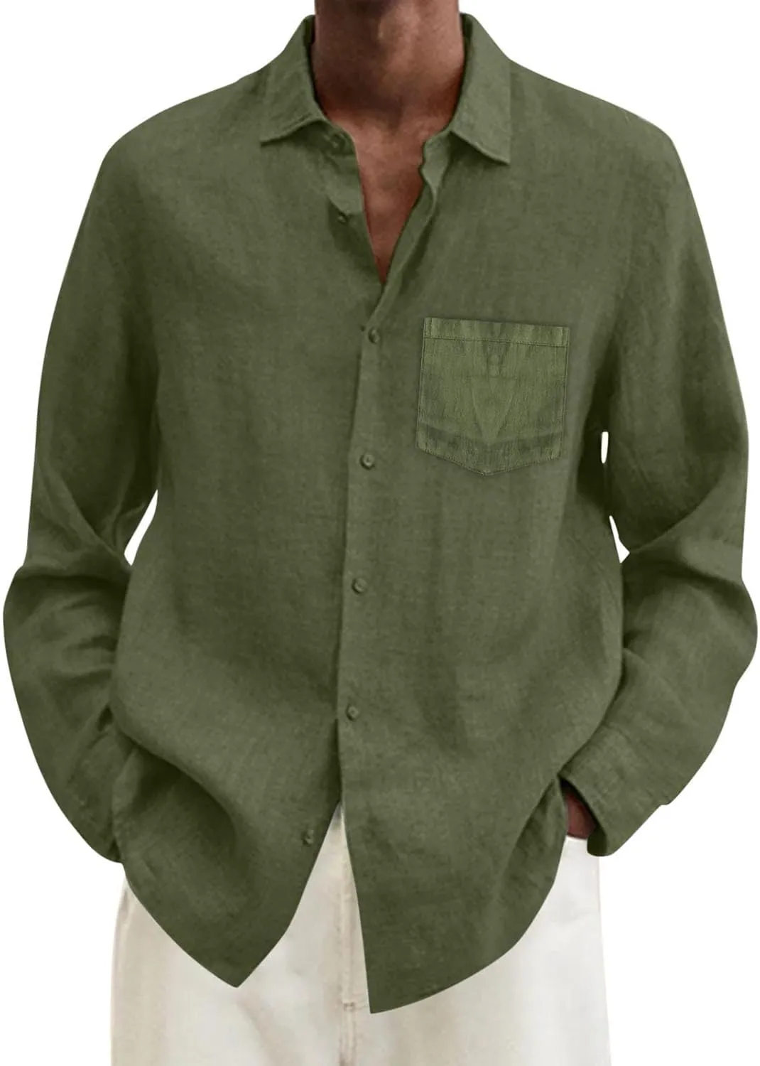 Button Down Linen Shirts for Men Casual Long Sleeve Button Down Regular Fit Beach Shirt Dress Lapel Collar Beach Tops