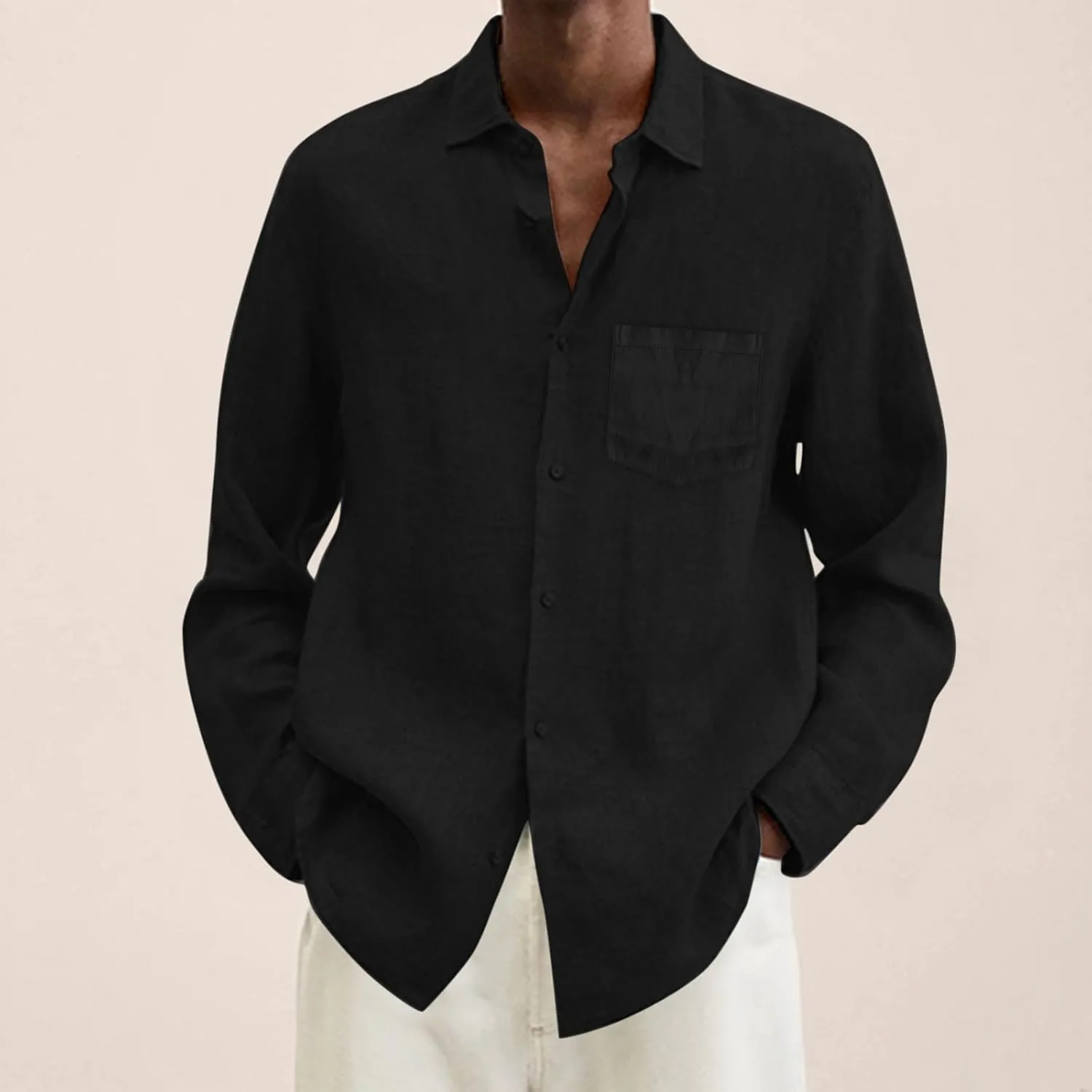 Button Down Linen Shirts for Men Casual Long Sleeve Button Down Regular Fit Beach Shirt Dress Lapel Collar Beach Tops