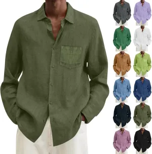 Button Down Linen Shirts for Men Casual Long Sleeve Button Down Regular Fit Beach Shirt Dress Lapel Collar Beach Tops