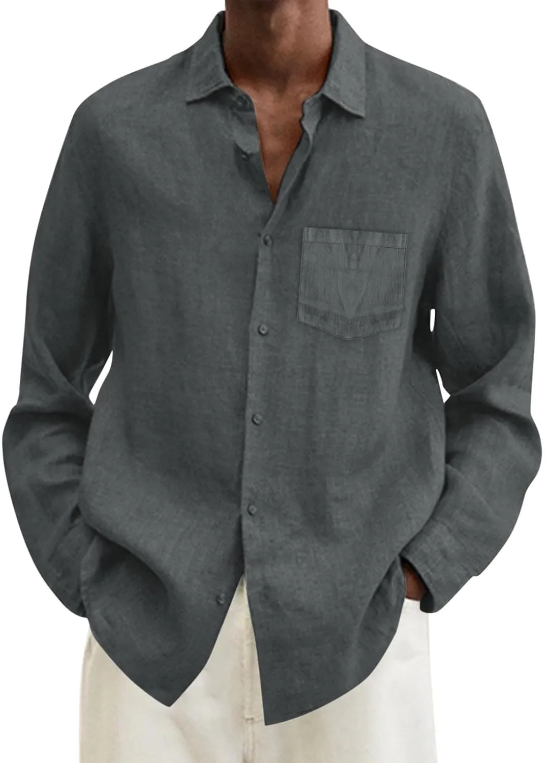 Button Down Linen Shirts for Men Casual Long Sleeve Button Down Regular Fit Beach Shirt Dress Lapel Collar Beach Tops