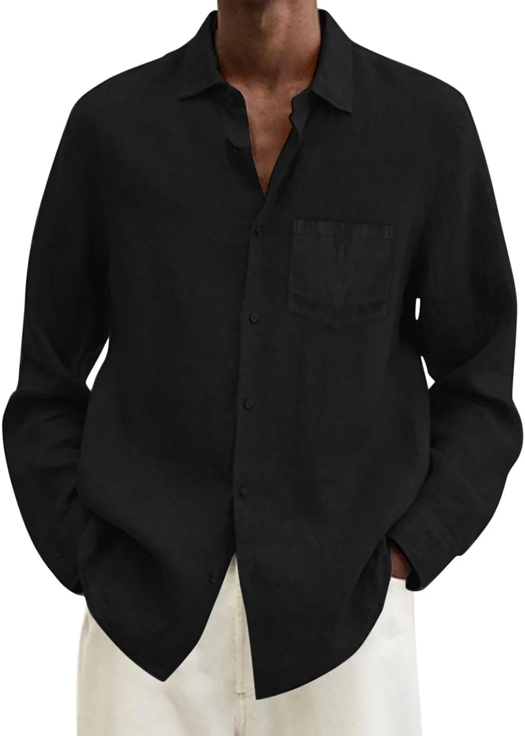 Button Down Linen Shirts for Men Casual Long Sleeve Button Down Regular Fit Beach Shirt Dress Lapel Collar Beach Tops