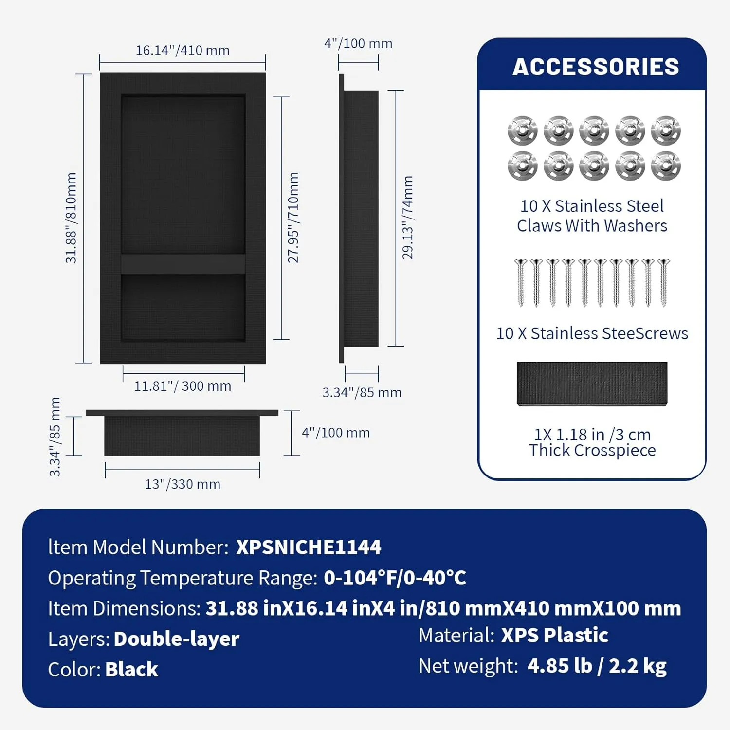 BWE Black Shower Niche Insert Tile Ready 16" X 32" Rectangle for Shower Wall Prefabricated Waterproof Double Shelves Recessed Niche for Shower Bathroom Storage