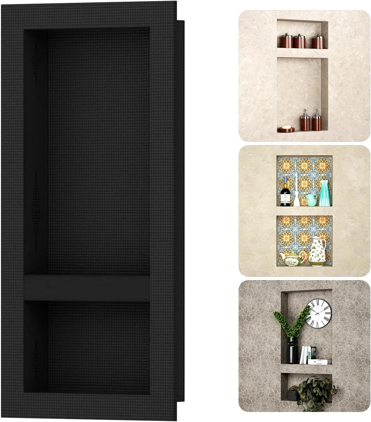 BWE Black Shower Niche Insert Tile Ready 16" X 32" Rectangle for Shower Wall Prefabricated Waterproof Double Shelves Recessed Niche for Shower Bathroom Storage