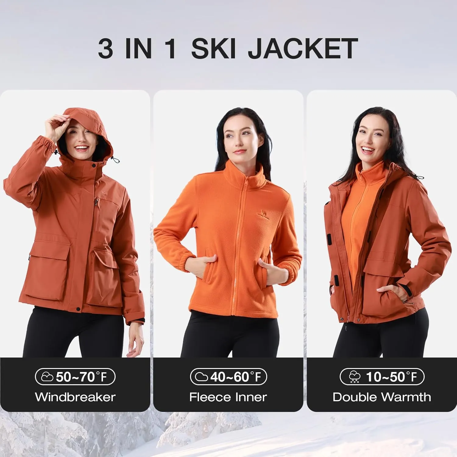 CAMEL CROWN Women's Ski Jacket 3 in 1 Winter Jacket Waterproof Jacket Windbreaker Snow Coat with Inner Warm Fleece Coat